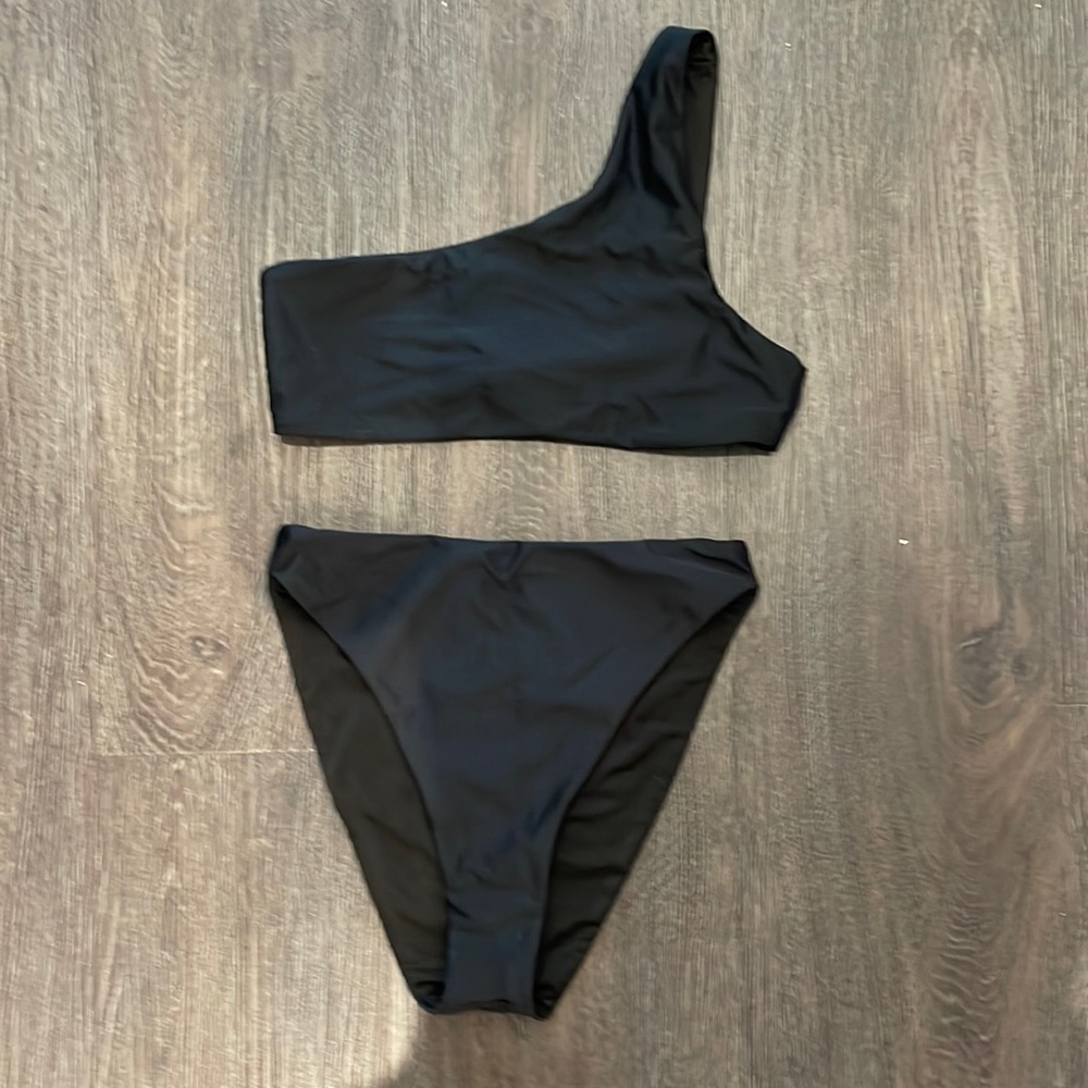 Beach Riot Free People one shoulder black high waisted bikini